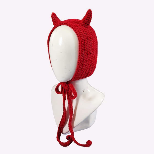 Devil horn bonnet with bow tie, crochet bonnet hat for adults, devil hood with horns, handmade knitted devil bonnet