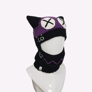 Maßgeschneiderte Katzen Balaclava Maske, Monster Balaclava mit Maske häkeln, Handgefertigte Balaclava mit Hörnern, personalisierter Name, Custom Cat Beanie