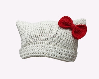 ♥️ HELLO KITTY x CA4LA CATS EAR KNITホワイト♥️ Bow Cat Beanie, White Cat Beanie With Red Bow, Kitty Beanie. Cat