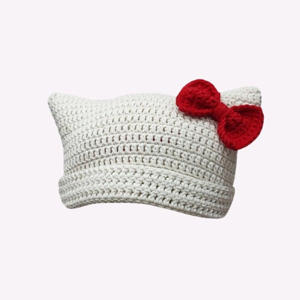Bow Cat Beanie, White Cat Beanie With Red Bow, Kitty Beanie. Cat Ear Beanie Crochet, Cute Cat Hat Knit