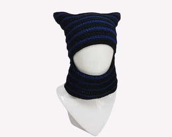 Black & Blue Striped Cat Balaclava Mask Crochet, Custom Colors Balaclava With Ears. Cat Ear Balaclava Crochet, Knit Balaclava, Knit Cat Hat