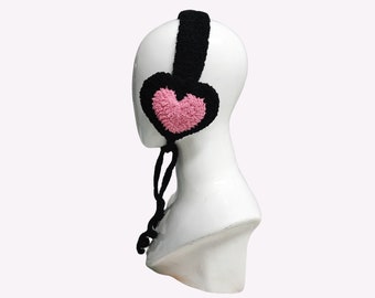 Black & Pink Heart Earmuffs, Cute Heart Ear Muffs Crochet, Ear Warmers, Custom Colors