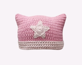 Pink Star Cat Beanie, Cute Cat Ear Beanie Crocher, Crochet Cat Hat, Knit Star Cat Hat, Y2K Aesthetic, Best Friend Gift