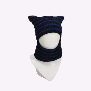 Black & Blue Striped Cat Balaclava Mask Crochet, Custom Colors Balaclava With Ears. Cat Ear Balaclava Crochet, Knit Balaclava, Knit Cat Hat