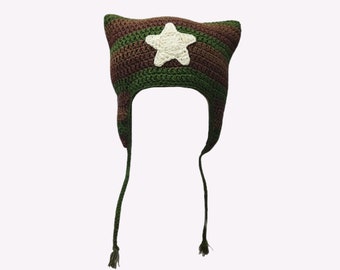 Handmade Star Cat Beanie with Ear Flaps - Fairycore/Fairy Grunge Aesthetic - Customizable Size - Earth Toned Colors