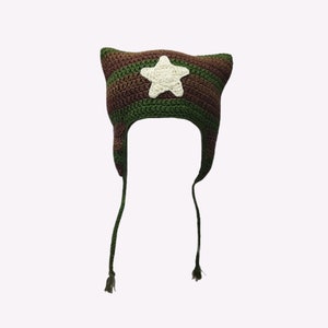 Handmade Star Cat Beanie with Ear Flaps - Fairycore/Fairy Grunge Aesthetic - Customizable Size - Earth Toned Colors