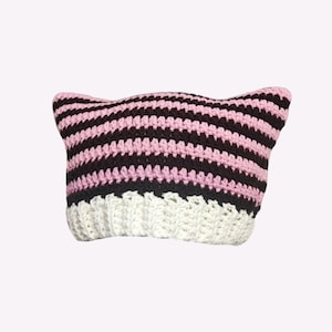 Pink & Dark Brown Striped Cat Beanie With White Ribbing, Cat Beanie Crochet, Cat Ear Beanie Hat, Knitted Cat Hat, Horn Beanie