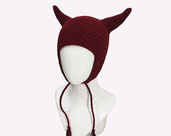 Dark Red Devil Horn Hat, Beanie With Horn Crochet, Custom Colors, Horn Hat With Ear Flaps Crochet, Crochet Horn Beanie
