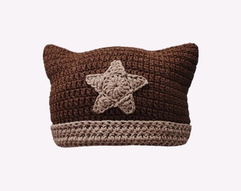 Brown Star Cat Hat, Cat Ear Beanie Crochet, Earth Tone Star Beanie, Knit cat Hat, Fairy core Cat Beanie, Gift For Bestie, Y2K Clothes