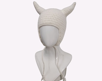 White Horn Hat Crochet, Devil Horn Beanie Custom Colors, Crochet Horn Bonnet, Cute Horn Hat With Ear Flaps