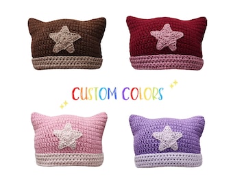 Star Beanie Custom Colors, Star Cat Hat, Cat Ear Beanie Crochet, Knit Cat Hat, Y2K Clothing, Personalized Cat Beanie, Customized Beanie