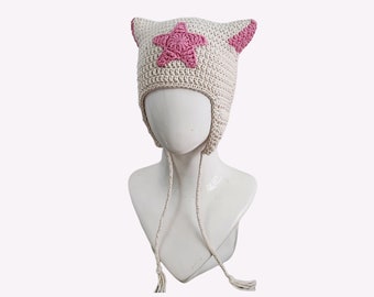 Cute Star Cat Beanie With Ear Flaps Crochet, Star Girl, Crochet Star Cat Hat, Kawaii Accessories, Y2K Clothing, Gift For Her