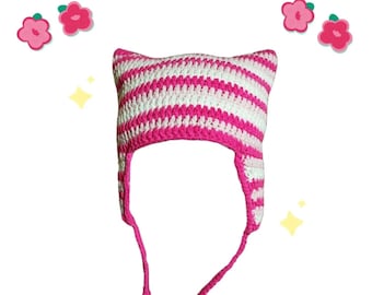 Cat Beanie Crochet, Cat Cosplay, Crochet Cat Hat With Ears, Cat Ear Beanie, Custom Hat, Y2K Trends, Handmade Gift For Her