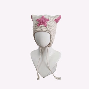 Cute Star Cat Beanie With Ear Flaps Crochet, Star Girl, Crochet Star Cat Hat, Kawaii Accessories, Y2K Clothing, Gift For Her