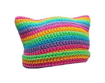 Rainbow Cat Beanie Crochet, Cat Ear Beanie Hat, Cute Knit Cat Hat, Cat Hat With Ears