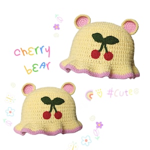 Handmade Cherry Bucket Hat Crochet with Bear Ears - Customizable Sizes for Kids and Adults - Bucket Hat Women