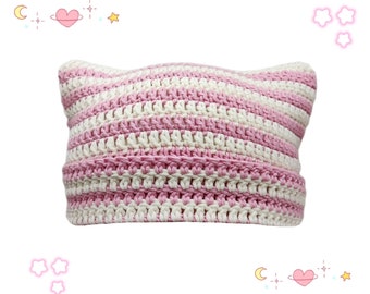 Cute Cat Ear Beanie With Pink & White Stripes, Cat Beanie Crochet, Crochet Cat Hat, Cat Ear Hat, Y2K Beanie, Knit Cat Beanie