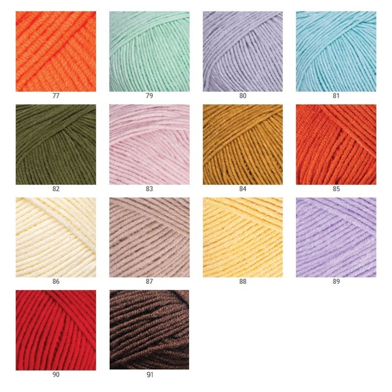 May include: A collection of yarn balls in various colors, including orange, green, pink, yellow, beige, and purple. The yarn balls are arranged in a grid pattern.