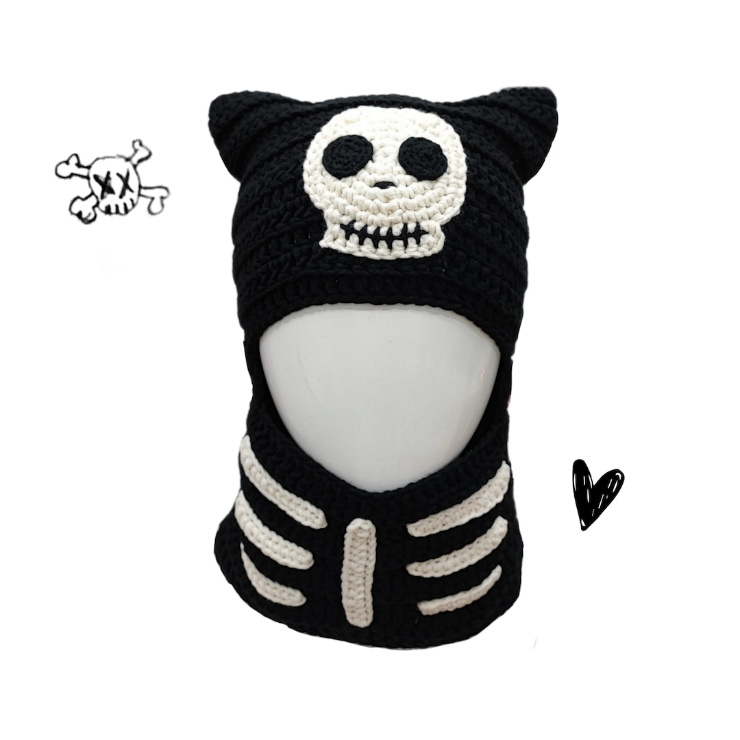 Skull Cat Balaclava, Balaclava With Ears, Cat Ear Beanie Crochet, Knit