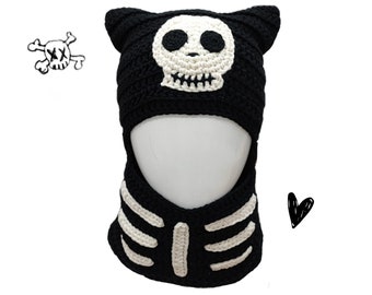 Tête de mort chat cagoule, cagoule avec oreilles, chat oreille Beanie Crochet, chapeau de chat en tricot, masque de ski oreille de chat, cagoule personnalisée