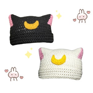 Moon Cat Beanie, Cat Ear Beanie Hat, Moon Cat Inspired, Cat Beanie Crochet With Moon, Y2K Trend, Couple Hats, Gift For Her