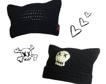 Handgemachte gehäkelte Skull Katze Beanie - Y2K, Gothic, Alternative Style - Anpassbare Größe