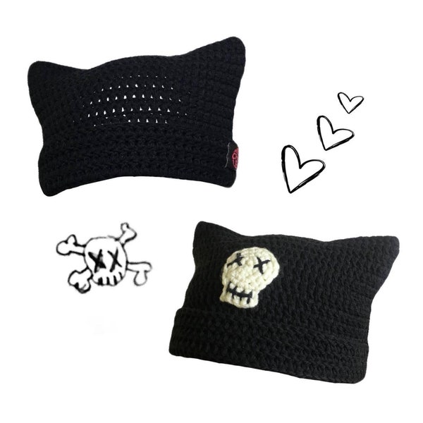 Handmade Crochet Skull Cat Beanie - Y2K, Gothic, Alternative Style - Customizable Size