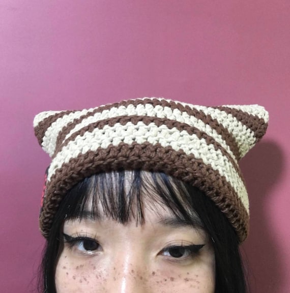 Brown and Beige Striped Cat Ear Beanie, Crochet Personalized Hat