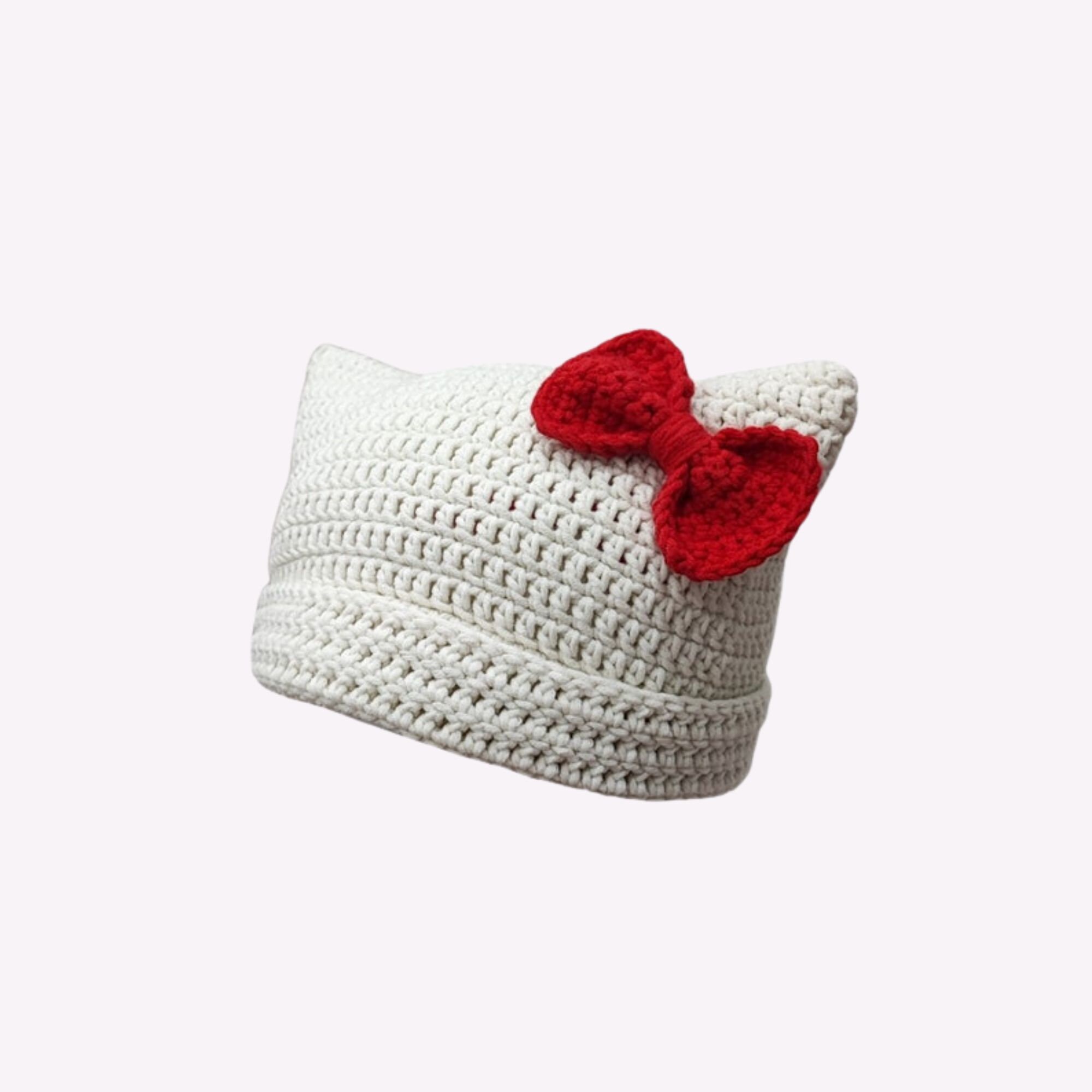 Bow Cat Beanie, White Cat Beanie With Red Bow, Kitty Beanie