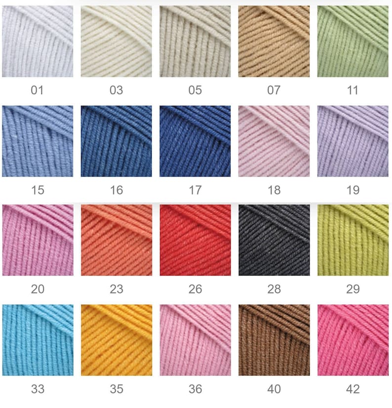 May include: Swatch card of yarn colors, showing 11 different shades of yarn. The colors are arranged in rows and columns, with the numbers 01, 03, 05, 07, 11, 15, 16, 17, 18, 19, 20, 23, 26, 28, 29, 33, 35, 36, 40, and 42 printed below each color.