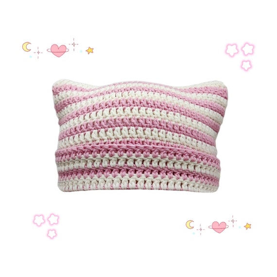 Cute Cat Ear Beanie With Pink & White Stripes, Cat Beanie
