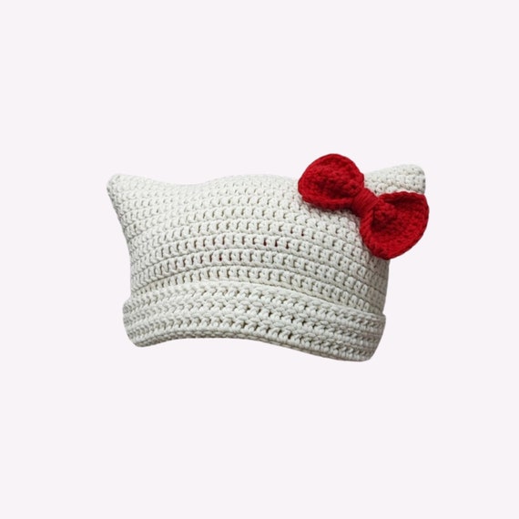 Bow Cat Beanie, White Cat Beanie With Red Bow, Kitty Beanie