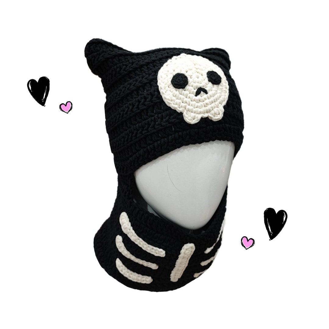 Skull Cat Balaclava, Ski Mask With Ears, Cat Ear Beanie Crochet, Knit