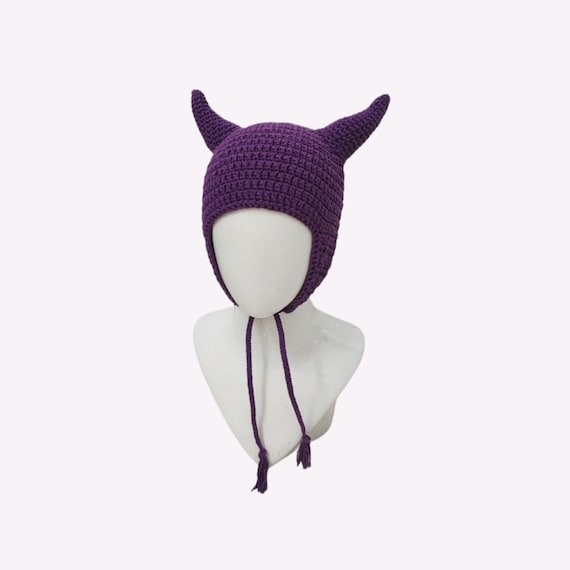 Purple Devil Horn Hat, Crochet Beanie With Horn, Horn Hat 