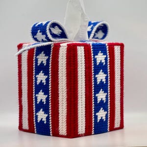 Star Present Tissue Box Cover Handmade Patriotic Gift Tissue Cover Square Box Cover Handmade Flag Present Tissue Cover Bow Gift Tissue Decor