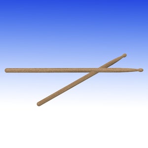 May include: A pair of brown wooden drumsticks, crossed over each other.