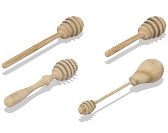 Puede incluir: Cuatro cucharones de miel de madera, dos con forma de cuchara tradicional y dos con un bulbo redondo en el extremo.