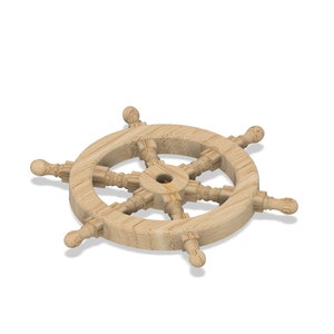 Peut inclure: Un gouvernail de bateau en bois avec huit rayons et un trou central. Le gouvernail est en bois brun clair et a une finition naturelle.