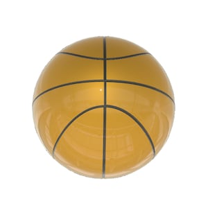 May include: A yellow basketball with black lines.