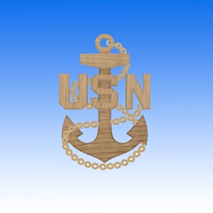 May include: A wooden anchor with a chain wrapped around it. The anchor has the letters "USN" carved into it.