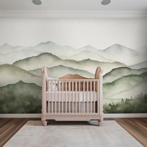 Murale acquerello Boho Green Mountains / Decorazione per la cameretta del neonato / Colline verdi staccabili e attaccabili / Carta da parati per la cameretta dei bambini / Parete decorativa naturale per la cameretta dei bambini