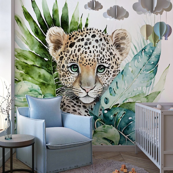 Watercolor Baby Leopard Mural | Safari Nursery | Kids Animal Wallpaper | Jungle Peel & Stick Wall Decor | Children's Room Tropical Wall Art