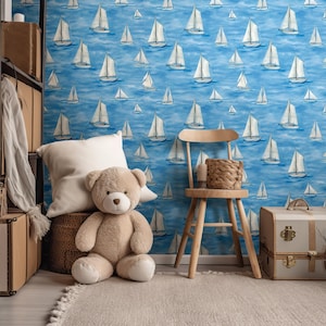 Sail Boat Wallpaper | Blue Watercolor Kids Accent Wall | Nautical Sailboat Wall Decor | Yacht Wallpaper | Classic Boys Marine Nursery