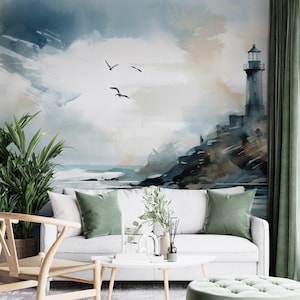 Watercolor nautical lighthouse mural