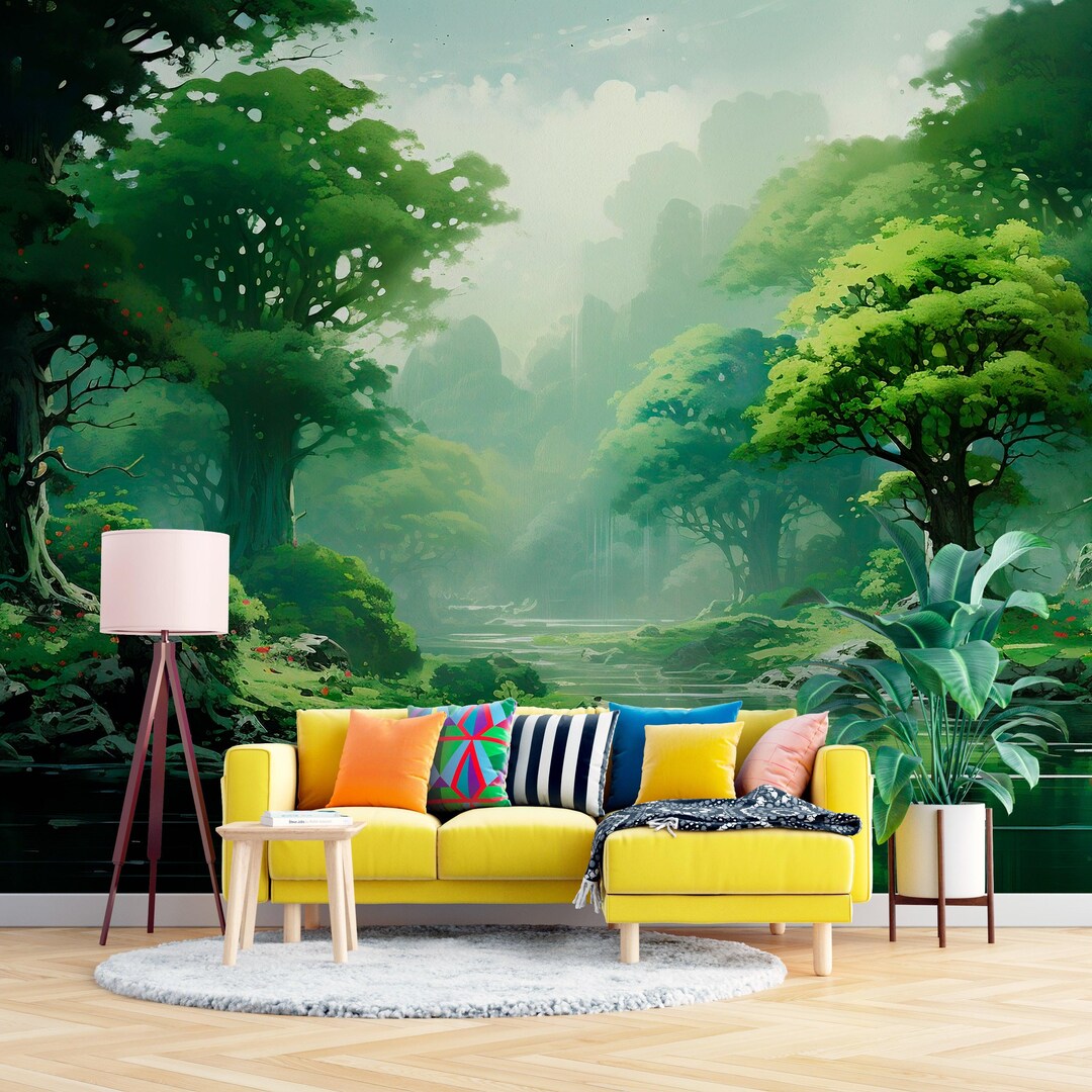 Green Forest Landscape Mural Trees Wallpaper - Etsy