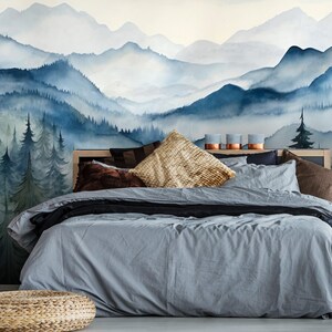 Watercolor Mountain Mural Peel and Stick Foggy Forest Wallpaper Blue ...