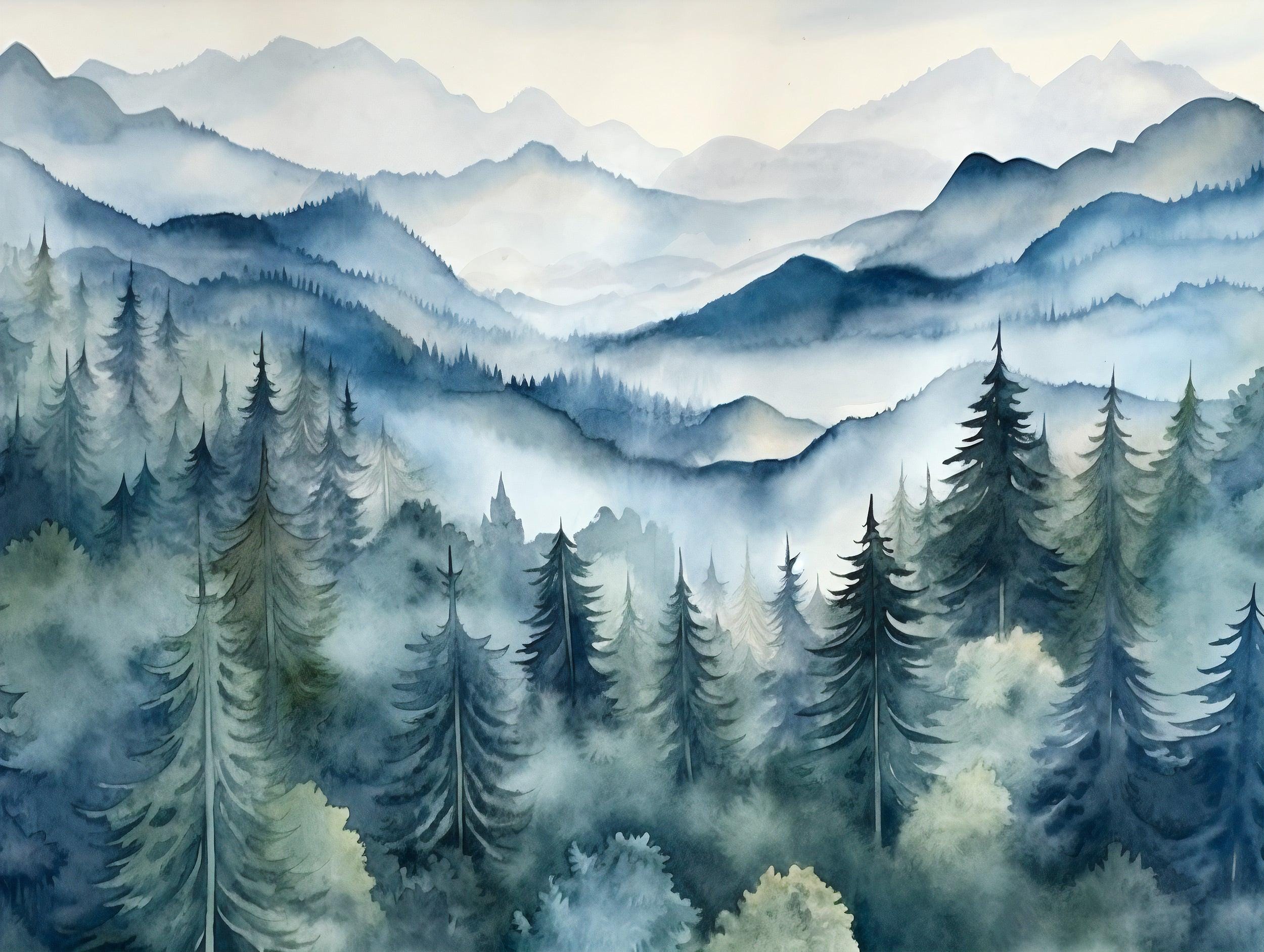 Watercolor Mountain Mural Peel and Stick Foggy Forest Wallpaper Blue ...