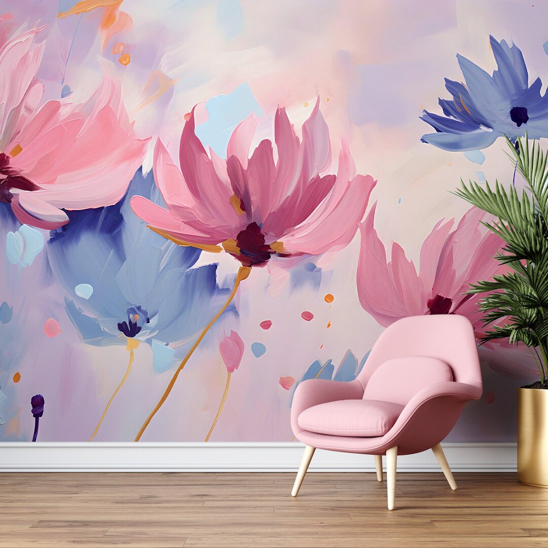 Abstract Pink and Blue Flower Mural Floral Oil Painting Wallpaper Wall ...
