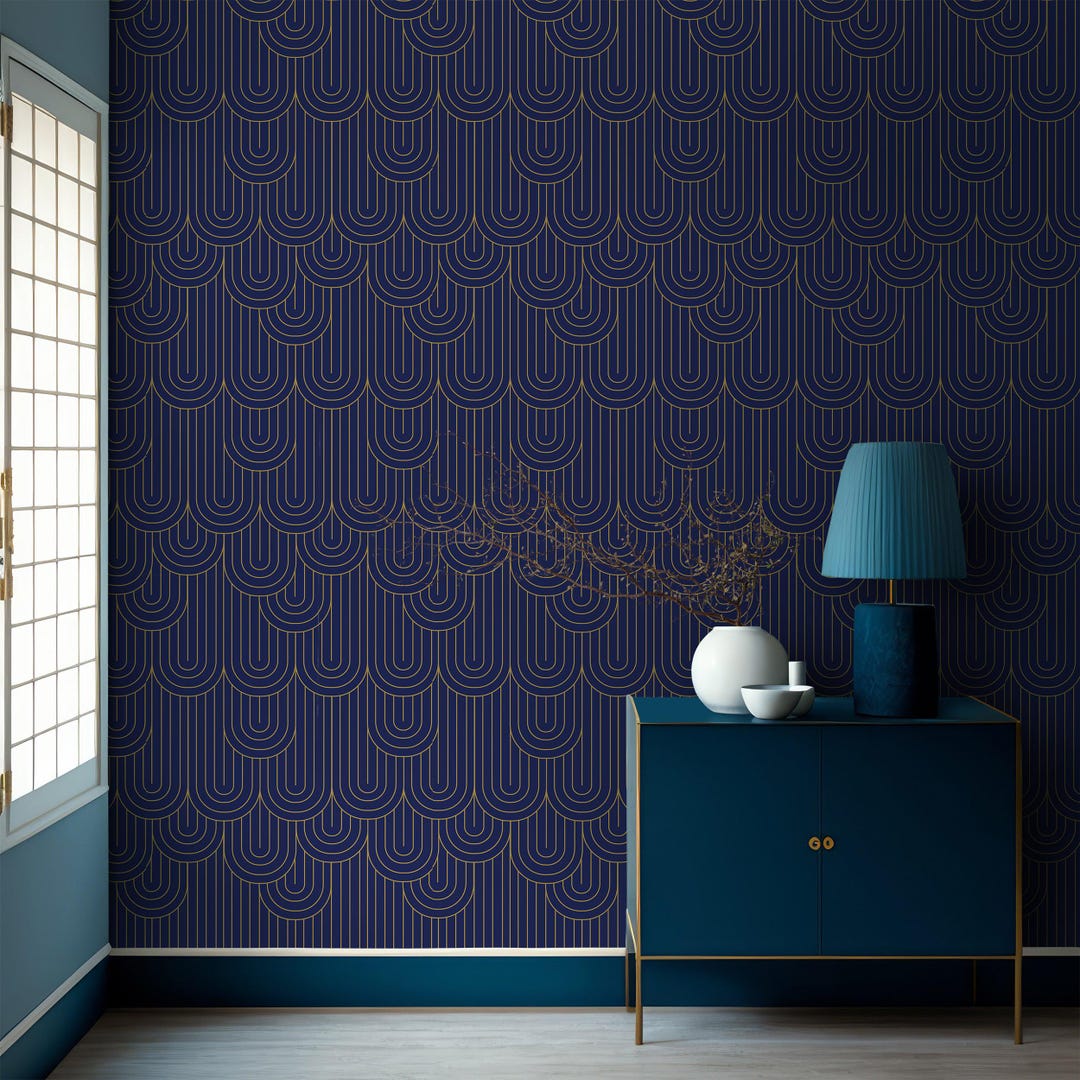 Dark Blue Peel and Stick Wallpaper Art Deco Pattern Removable Wall ...