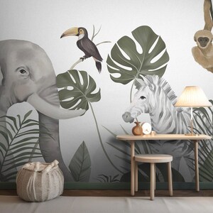 Murale per bambini Safari / Animali della giungla per bambini / Carta da parati con elefante / Decorazione murale con scimmia staccabile e adesiva / Arte murale tropicale per la cameretta dei bambini Zeebra